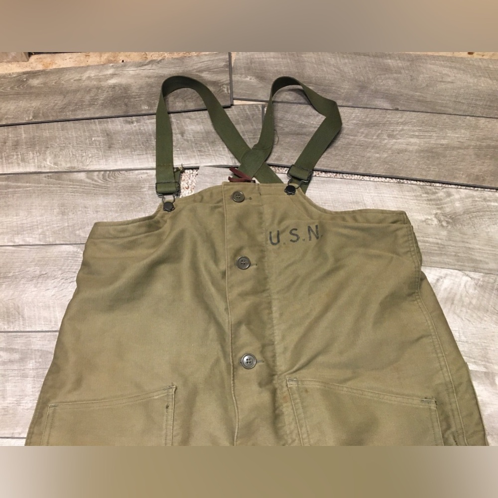 Vtg 40s WW2 WWII US Navy Tanker Bibs Overall Pants Olive Green Ship Deck Medium